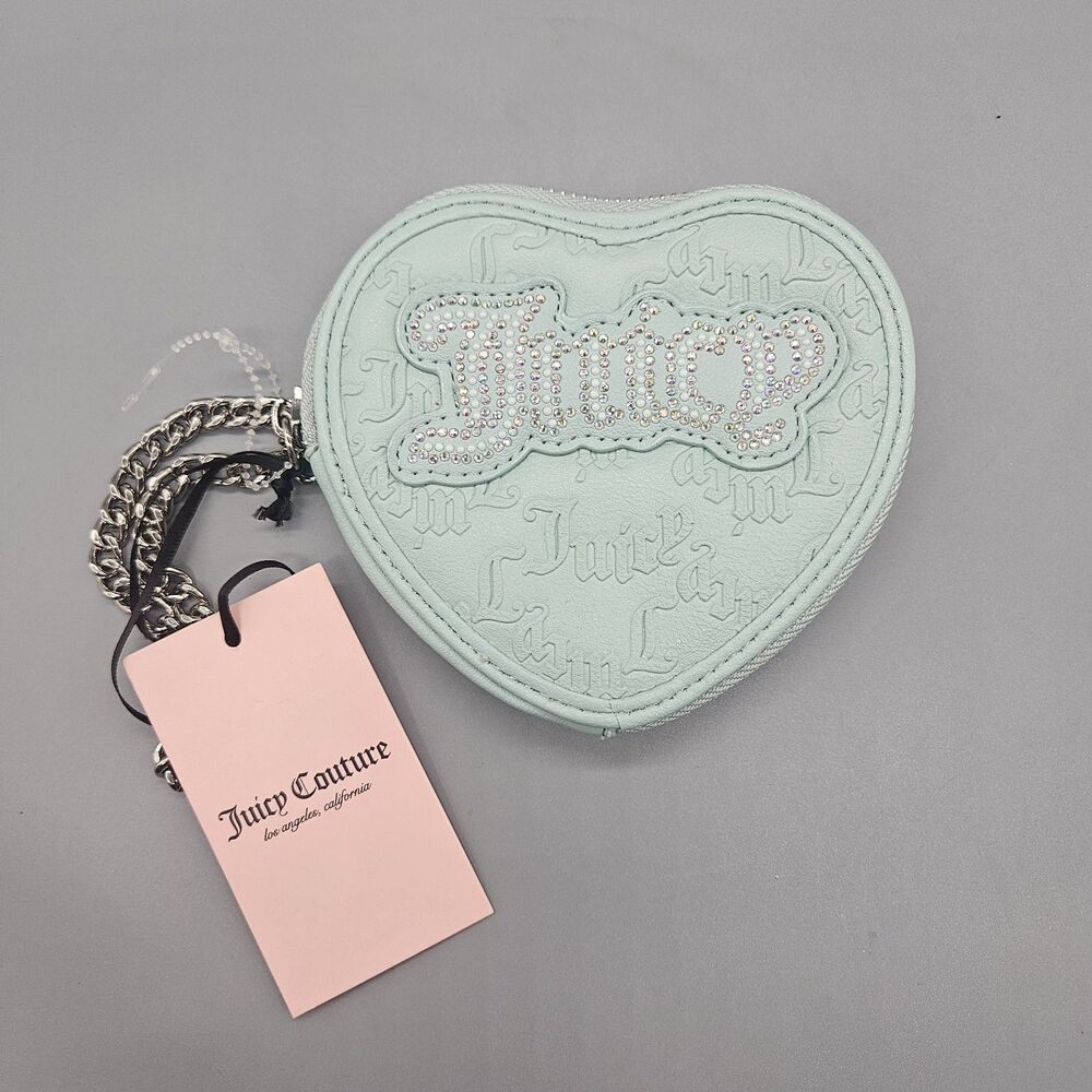 NWT Juicy Couture String Of Pearls Heart Zip Wristlet Purse Bag Pastel Turquoise